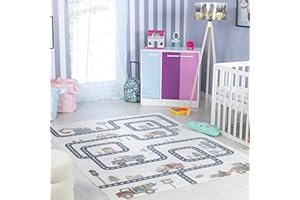 Surya Road Track Kids Rug - Childrens Rugs for Bedroom, Area Carpet for Kids Room, Nursery or Playroom - Baby Bedroom Accessories for Boys & Girls, Baby Rug for Girl or Boy, Cream, 160x213cm