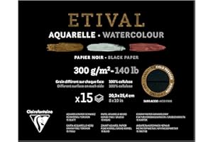 Clairefontaine 975322C - klejony blok do akwareli Etival - 15 arkuszy 20,3x25,4 cm 300g, podwójne ziarno (przód drobnoziarnisty, tył gruboziarnisty), czarny