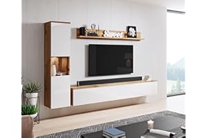 PIASKI Set di mobili da soggiorno Paris, illuminazione a LED opzionale, Set di mobili da soggiorno, Mobili da soggiorno moderni (Wotan/bianco luminoso)