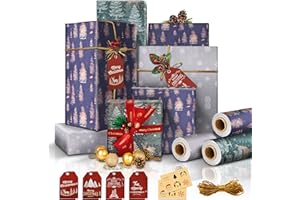 BSEICAL Geschenkpapier für Weihnachten, 3 große Rolle, 15 m, dekoriert mit 10 m Kordel, Verpackung + 8 Weihnachtsetiketten + 12 Aufkleber Chic Vintage (44 cm × 5 m, 3 Rollen)