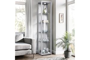 K-Möbel Vetrina Espositiva per Collezionismo (176x37x33cm) - Prodotta in Germania - Vetrinetta argento/alluminio con 4 ripiani in vetro regolabili in altezza & LED - Vetrina Soggiorno Armadio a Muro