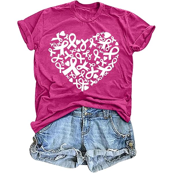 PECHAR Women's Breast Cancer Awareness Shirt - Pink Ribbon Heart Graphic Short Sleeve Tee - View #9