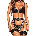 RSLOVE Women's Lingerie Sets Lace Bra and Panty Set with Garter Belt