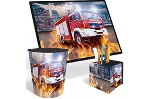 itenga SET Papierkorb Schreibunterlage und Stifteköcher mit Motiv - Papierkorb für Kinder mit Motiv - rund ca. 11 Liter passende Schreibtischunterlage und Schreibtisch Organizer (Motiv Feuerwehr)