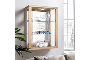 K-Möbel Vitrina Pared (80x60x25cm) - Fabricado en Alemania - Estanteria Cristal con 2 estantes de Vidrio Templado Ajustables ESG, Espejo y LED en Haya - Vitrina Cristal - Mueble Pared Estrecho