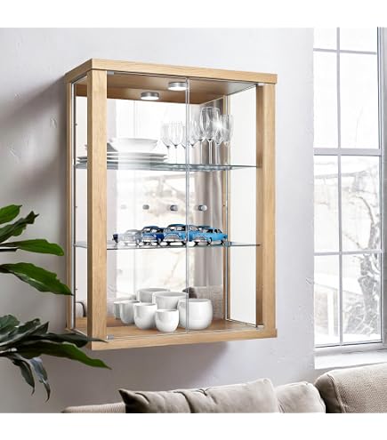 K-Möbel Vitrine en verre décor hêtre (176x67x33 cm) avec 4 étagères en verre réglables en hauteur & LED - Vitrine de voiture miniature - Armoire en hêtre - Vitrine de collectionneur