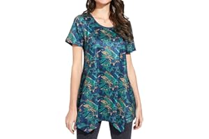Enmain Damskie tuniki topy z krótkim rękawem na co dzień damskie tuniki z kwiatowym nadrukiem długie bluzki t-shirty okrągły dekolt rozciągliwe wygodne S-3XL