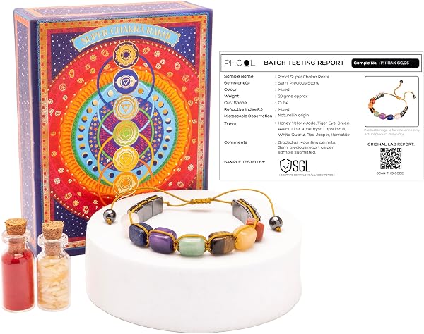 Phool Super Chakra Rakhi for Brother with Pyrite Stone | 7 Chakra Healing Crystal rakhi Bracelet | Lab Certified | Sacred Gemstone Beads with Roli Chawal | Adju