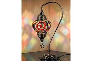 DEMMEX Authentic Turkish Lamp, Made in Turkey, Turkish Moroccan Mosaic Table Bedside Lamp, 100% Handcrafted, Antique Brass Color Metal Body and Decorated Metal Base, 15", Multi2