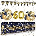 60th Birthday Decorations for Men Women, SWPEED 60th Birthday Decoration Kit Include Happy 60th Birthday Banner, Navy Blue Gold Balloons Confetti Balloons Number 60 Balloon and Triangle Flag Banner