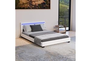 Juskys letto imbottito Paris da 140x200 cm - Struttura letto con illuminazione LED, rete a doghe e testata - Legno e similpelle - Bianco - Letto per ragazzi