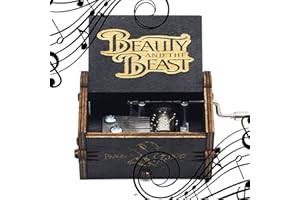 MINGZE Wooden Music Box, Variety of Styles Themed Music Box, Antique Carved Crank for Kids Birthday/Christmas (Beauty and The Beast(Black))