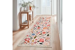 Puremy Waschbarer Flur Teppich Kurzflor Läufer, Vintage Blumenmuster Niedriger Flor, Wohnzimmerteppich Weich Teppiche für Bettvorleger Matte/Deko/Schlafzimmer/Kinderzimmer, 80x150cm, Beige