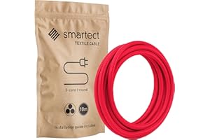 smartect Cable Electrique Textile Rouge, Fil Electrique Tissu de 10 Mètres, 3 Conducteurs (3 x 0,75mm²) Cable Tissu Lampe pour Les Projets de Bricolage