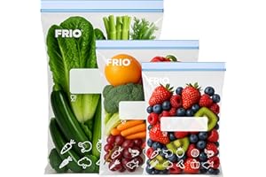 FRIO Set 65 sacchetti ermetici per alimenti, chiusura doppia Zip, etichetta pre-stampata, richiudibili, sigillabili, 3 misure S-M-L, per conservare, per congelatore, salva freschezza, riutilizzabili