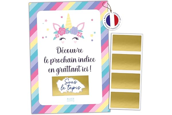 aliceandberry Chasse au Trésor à Gratter Enfant – Jeu Personnalisable – 8 Cartes + Pastilles – Activité Intérieur/Extérieur – Thème Licorne – 5-12 Ans