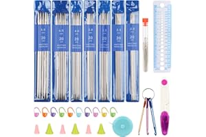 Coopay Lot de 35 aiguilles à tricoter à double pointe en acier inoxydable avec accessoires de tricot, 20 cm, jeu d'aiguilles en métal de 2,0 à 5 mm, aiguilles à tricoter droites pour chaussettes