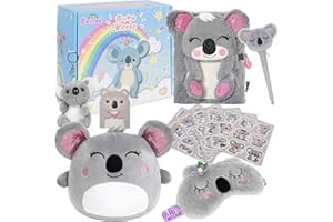 Pinkgarden Koala Gifts for Girls, Koala Plush Toys Set with Pillow, Secret Diary, Ballpoint Pen, Eye Mask, Stickers, Birthday Christmas Gifts for Little Girls Age 5-12 Years Old
