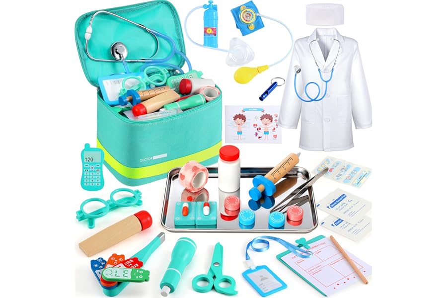 Perbabe Doctors Set for Kids -38pcs Kids Doctors Set with Realistic Stethoscope Listen Heartbeats Wooden Toys Pretend Role Play Medical Kit Ideal early for 3 4 5 6 Years Boys Girls