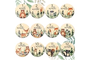 Woodland Baby Monthly Milestone 12Pcs, Wooden Newborn Welcome Discs Sign Round New Baby Sign Double Sided Cute Animal Printed, Baby's First Year Age Announcement for Boys Girls Photo Prop Baby Shower
