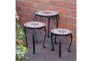 Dszapaci Flower Stools Set of 3 Mosaic Round Garden Flower Stand Metal Patio Plant Stand Ceramic Plant Stools (Set of 3)