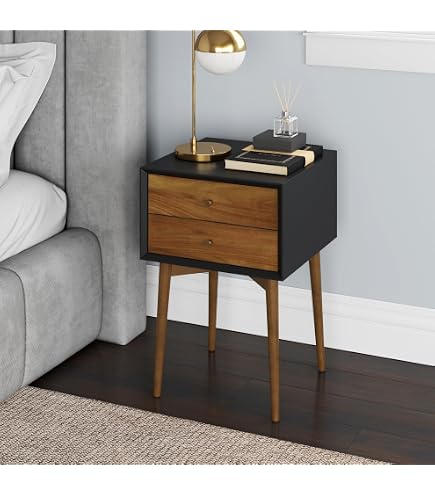 Walker Edison Isla Nachttisch – Aus Massivholz & Glas, 2 Schubladen, 55,9 Cm, Schwarz, Modernes Design