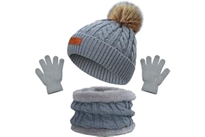 beifon Cappello a Maglia Bambini Invernale Sciarpa Guanti Berretto in Maglia con PomPom Ragazzi Berretto Sciarpa Beanie Cappello Scaldacollo per Ragazzo e Ragazza（3-8 anni）