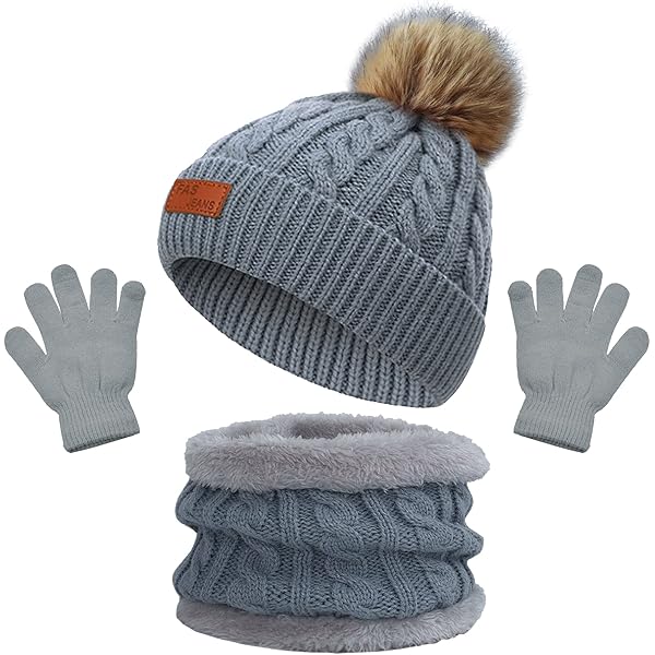 Ensemble Bonnet, écharpe, Gants Enfant - 3 En 1 Tricoté Doublé Polaire - Avec Pompons - Taille Unique - Hiver
