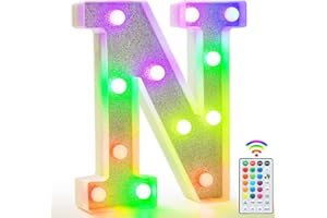 VIMLITS Colorful Light Up Letters, Glitter LED Letter Lights 18 Color Changing Shiny Alphabet Sign Gifts for Girls Women Party Birthday Decorations Remote Night Light Christmas Valentine Wall Table Decor - N