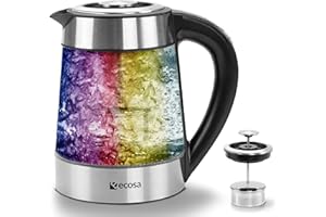 ECOSA Szklany czajnik elektryczny z sitkiem do herbaty i filtrem wapiennym | 1,7 litra | regulacja temperatury 40 °C – 100°C | 2200 W | stal nierdzewna z wyborem temperatury | 100% wolny od BPA | funkcja