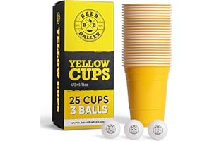 BeerBaller® Yellow Cups - 25 gobelets Jaunes Beer Pong & 3 balles de bière Pong | Lavable au Lave-Vaisselle & réutilisable | 473ml - 16oz gobelets de fête | Set de gobelets de bière Pong