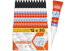 Sekundenkleber Gel (12er-Pack x 3g) – extra starker & wasserfest Superkleber für schnelle, flexible Sofortreparaturen, transparent kontakt Kleber für Kunststoff, Holz, Porzellan, Glas uvm.