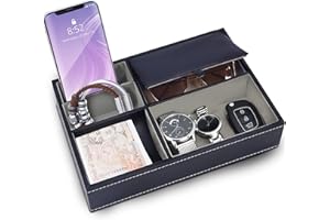 BELLE VOUS Vide Poche en Faux Cuir Bleu Marine à 5 Compartiments - Rangement Clef, Portefeuille, Téléphone, Montres, Accessoires, Argent, Boutons de Manchette - Plateau pour Chevet et Bureau