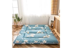 MAXYOYO Japanese Floor Mattress Futon Mattress, Thicken Tatami Mat Sleeping Pad Foldable Roll Up Mattress Dormitory Mattress Pad Floor Lounger Pillow Bed (Blue Flower, King (U.K. Standard))