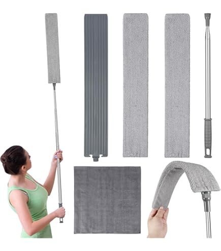 Stofreiniger, intrekbaar, 24 - 94 cm, telescopische stofdoek, microvezel, afneembaar, met 3 wasbare doeken, voor het reinigen van bank, bed, hoeken, meubels, huis, vloer (blauw