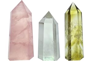 POLAR JADE Set of 3 Healing Crystal Wands of Rose Quartz, Clear Quartz &amp; Yellow Quartz,Pointed &amp; Faceted for Healing Reiki Chakra Meditation Therapy Decor