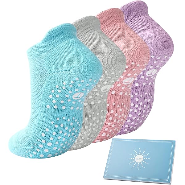 4 Paires Chaussettes Antidérapantes Yoga/pilates - Picots Silicone - Coton - Taille Unique 36-41 - Femme/homme