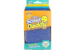 Scrub Daddy, 2 spugnette per acciaio Scour Daddy Steel, per pulire e lucidare l’acciaio inox, per piatti, pentole, padelle e griglie, per cucina e bagno, morbide in acqua calda, rigide in acqua fredda