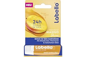 Labello Mango Shine, pachnąca pomadka do ust z naturalnymi olejkami i aromatem mango, pielęgnujący balsam do ust zapewniający delikatny połysk na ustach (4,8 g)