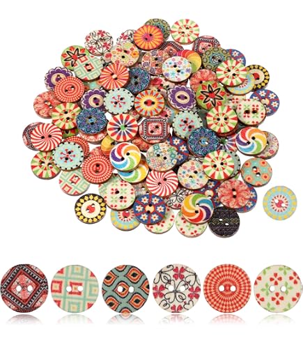 100-Piece 15mm Wooden Round Buttons – 12 Styles, Mix Craft Embellishments, Cardmaking