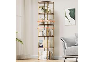 OCTORO 5 Tier Rotating Bookshelf, 360° Corner Bookshelf Tower, Round Revolving Bookcase with Adjustable Levels, Spinning Book Shelf for Home Office, Bedroom, Living Room, 45 x 45 x 160cm, Gold