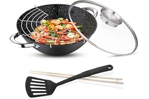 RB RENBERG RENBERG Wasabi Wok | Sartén Wok con Revestimiento de Mármol y Tapa de Vidrio | Múltiples Funcionalidades y Accesorios | Wok de Hierro Fundido | Compatible con Cocinas de Inducción