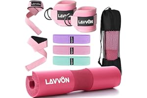LAVVON Barbell Pad Set for Hip Thrust 10Pcs- Squat Pad for Barbell Lunges & Bar Padding - Bench Press Standard Weight Bar Pad - with Ankle Straps, Wrist Straps for Weightlifting, 3 Lifting Strap (Pink)