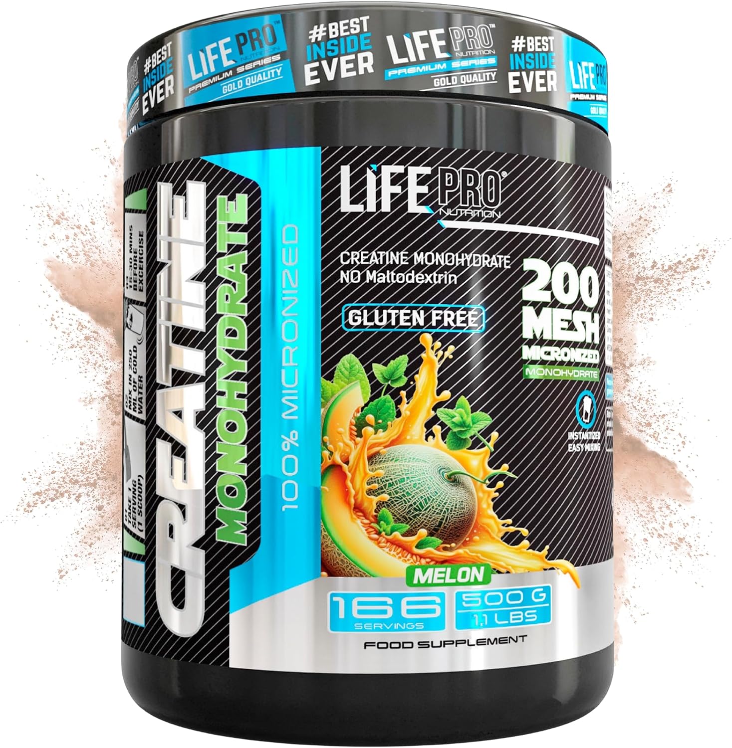 Life Pro Creatina Monohidratada 200 Mesh Micronizada, Creatina Polvo con 99.9% Pureza, Aumenta Resistencia y Fuerza, Absorción Rápida, Entrenamiento y Rendimiento Deportivo (500g, Melón)