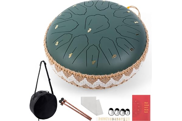 LOMUTY Steel Tongue Drum C Majeur, 12 Pouces 30cm 15 Notes Tambour à Langue, Handpan pour la Guérison par Le Son, la Méditation, L'éducation Musicale et le Yoga, Hand Pan comme Cadeau, Vert