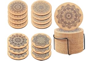 JOLIGAEA 14 Piezas Posavasos Corcho, Posavasos para Bebida, Absorbentes Posavasos Originales Madera para Bebidas Frías o Calientes, para el Hogar, Restaurante, Oficina y Bar, con Soporte de Metal
