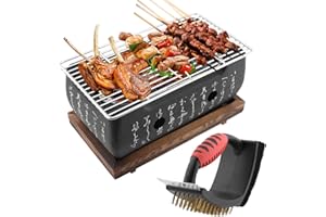 AMUSINGTAO Table Top Charcoal BBQ Grill - Japanese Style With Cleaning Brush, Mini Portable Cooking Stove, Plate, Party Accessories and Barbecue Tools