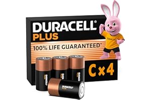 Duracell Plus C Batteries (4 Pack) - Alkaline 1.5V - 100% Life Guaranteed - Reliability For Everyday Devices - 0% Plastic Packaging - 10-Year Storage - MN1400