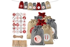 FEMONGY Calendario adviento bolsas, Bolsas para calendario de adviento, 24 bolsas de 10 * 14 cm + 24 clips + pegatinas con patrones digitales + cuerda de cáñamo de 10 m