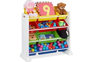 Relaxdays Estantería Infantil Blanca, Organizador Juguetes con 12 Cajas, Mueble Niños y Niñas, 90x88,5x37 cm, Multicolor